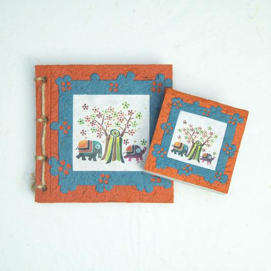 Eco-Friendly Journal & Sustainable Scratch Pad Elephant POOPOOPAPER products - Artist Reproductions - Thailand Themed Batik - Orange - Front